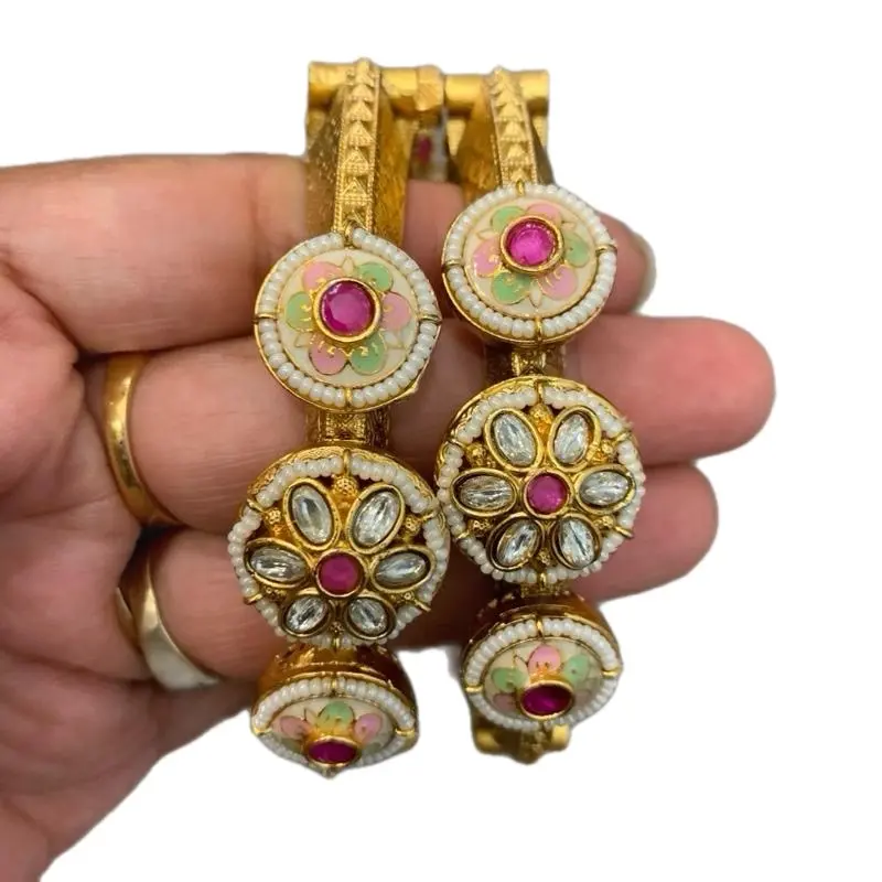 Openable Gold Bangle Set with Enamel Painting and Kundan Polki Traditional Bangle for Women Elegant Jewelry