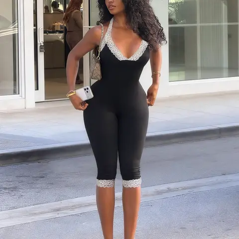 Lace Trim Bodycon Fit Halter V Neck Backless Romper Elegant European and American Style Streetwear for Women Halter Neck Overalls