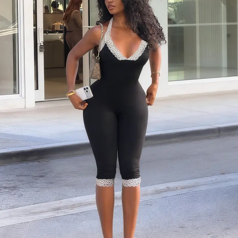 Lace Trim Bodycon Fit Halter V Neck Backless Romper Elegant European and American Style Streetwear for Women Halter Neck Overalls