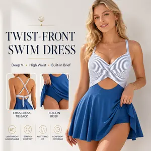 Women Cutout One Piece Skirt Swimsuit V Neck Wrap Tie Back Swimdress Tummy Control Bathing Suits High Rise Swimwear High Waist Swimwsuit SummerVibes Womenswear