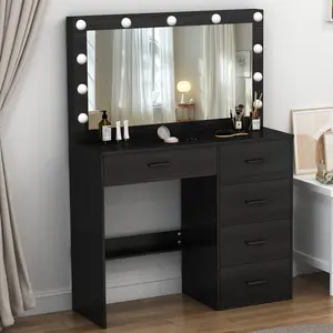 Black Vanity Desk with Large Mirror, 10 Led Lights, Makeup Table with 5 Drawers, 3 Color Modes Available for Bedroom