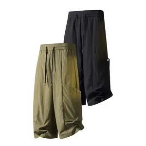 2-Pack Men’s Summer Cargo Shorts with Large Pockets, Cool Touch, Quick Dry, Elastic Drawstring, Loose Wide-Leg Mid-Length — Japanese City Boy Style, Outdoor Casual, Versatile Men’s Pants