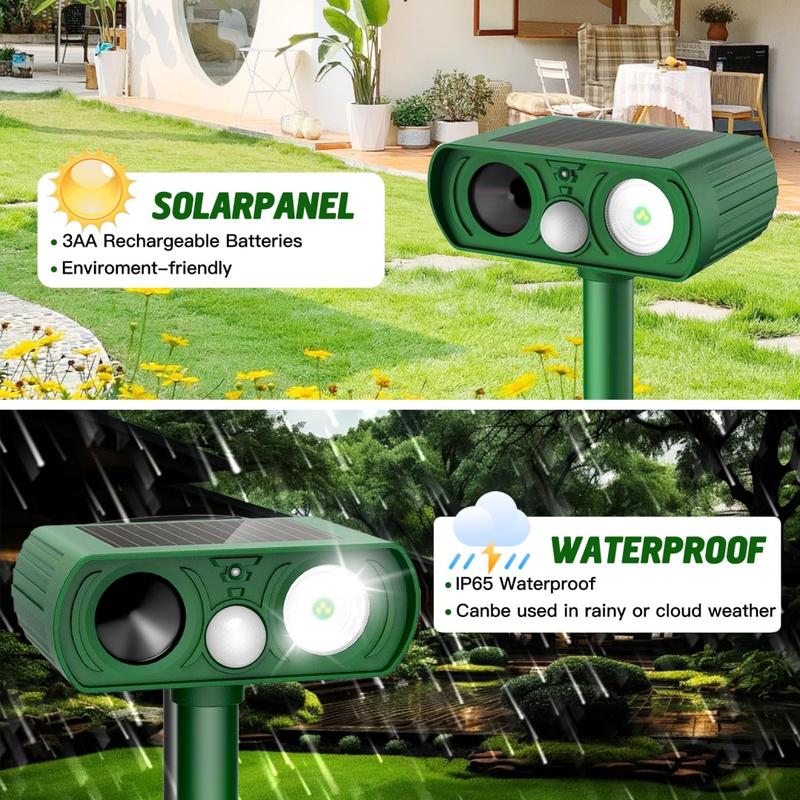 Solar Powered Ultrasonic Animal Repellent - Outdoor Safe Cat Repellent with Infrared Motion Sensor - Waterproof Deterrent to Scare Away Skunks, Rabbits, Raccoons, Snakes, Dogs, Bears, and Squirrels for Yards