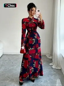 Fashion Elegant Floral Print Stand Collar Tie Waist Long Dress, Fitted Long Sleeve, Fall Season, Womenswear