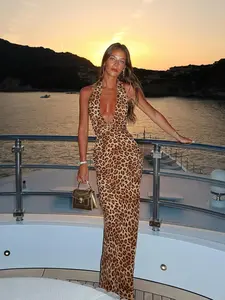 Elegant Deep V Neck Leopard Print Maxi Dress, Sleeveless Slim Fit Party Gown, Sexy Tie Back Design for Women