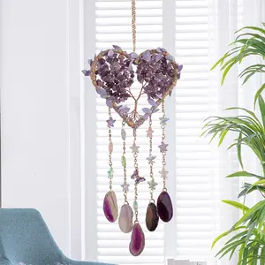 Heart-Shaped Crystal Tree of Life Suncatcher & Wind Chime Star | Healing Gemstone Rainbow Maker Boho Home Decor