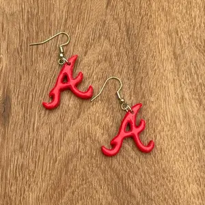 Handmade red “A” dangle earrings—perfect for baseball season and game day outfits