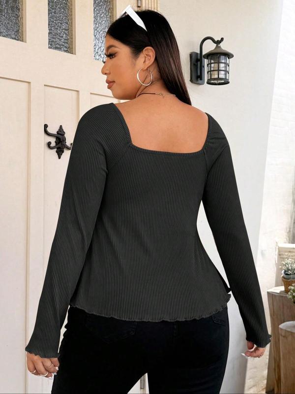 【Plus Size】 Solid Bow Decor Thumb Hole Curved Hem Tee, Plus Casual Long Sleeve T-shirt for Daily Wear, Women Plus Clothing for Fall & Winter, Top