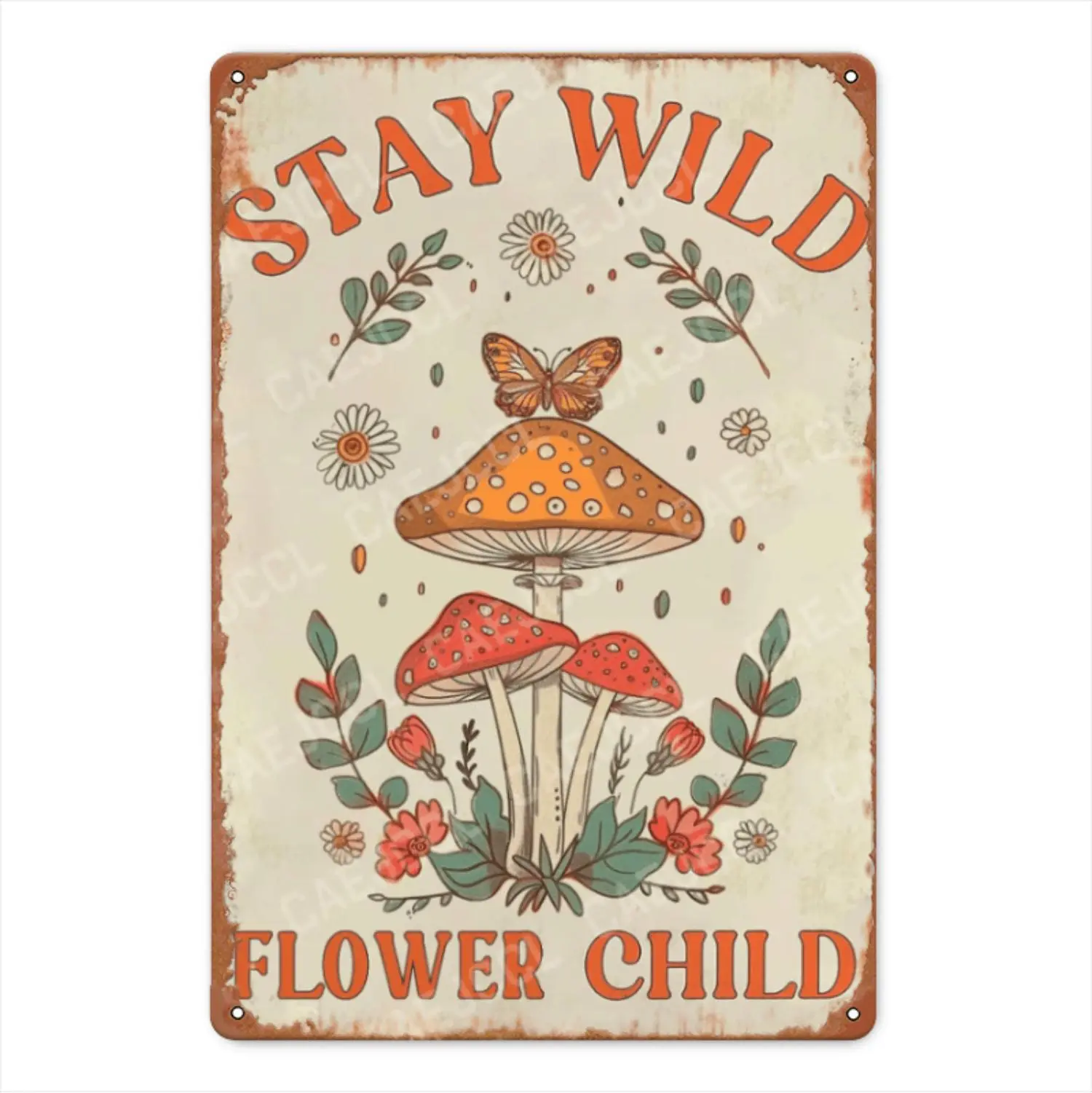 Vintage Mushroom Metal Wall Art With Stay Wild Moonlit Flowers Design For Bedroom And Bathroom Decor