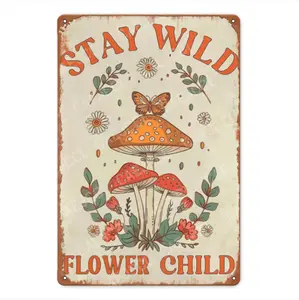 Vintage Mushroom Metal Wall Art With Stay Wild Moonlit Flowers Design For Bedroom And Bathroom Decor