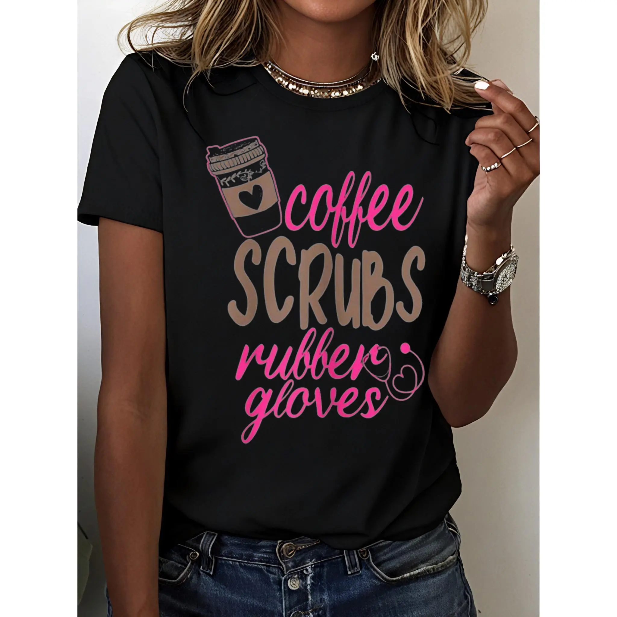 Women's Cotton Medical Scrub Print T-Shirt - Oversized, Short-Sleeve, Round Neck, Breathable Fabric, Perfect Fit Casual Top for Spring & Summer, Black Womenswear