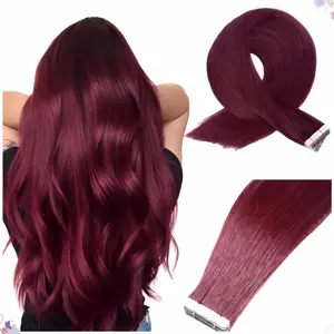 Dark Red Tape in Hair Extensions Human Hair,24 inch 20 Pcs#99J Wine Red Human Hair Extensions,Straight Silky 50g Bugundy Tape ins  Natural Deep  Human Hair