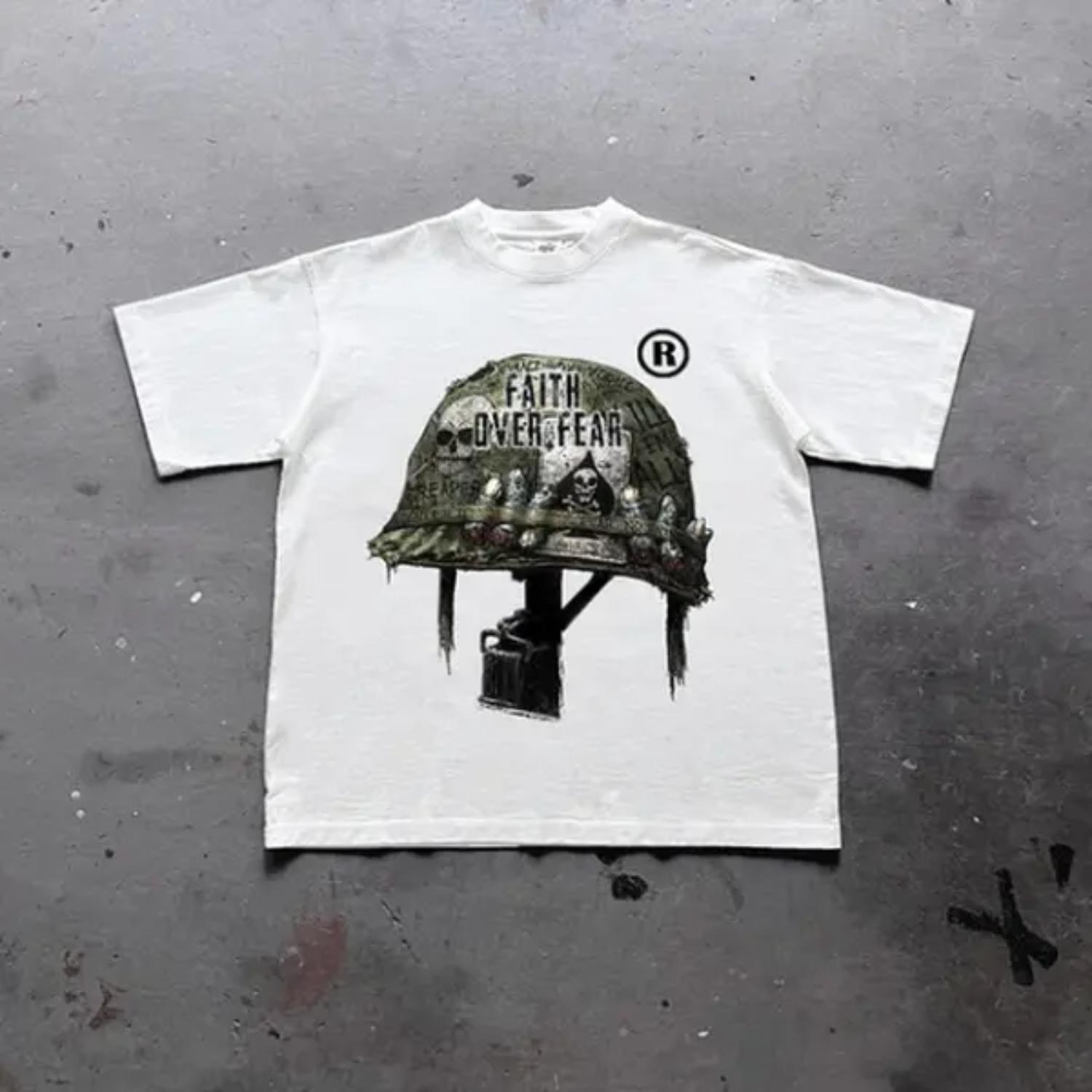 Faith Over Fear War Helmet Graphic Cotton T-Shirt Unisex Grunge Y2K Emo Scene Tapout Goth Amity Affliction Style