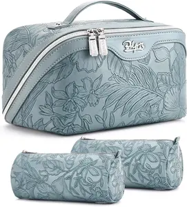 BOYATU 3-Piece Travel Makeup Organizer Set: Large Capacity Floral Cosmetic Bags with Compartments - Waterproof Leather Toiletry Bags with Handle for Women (Light Blue)