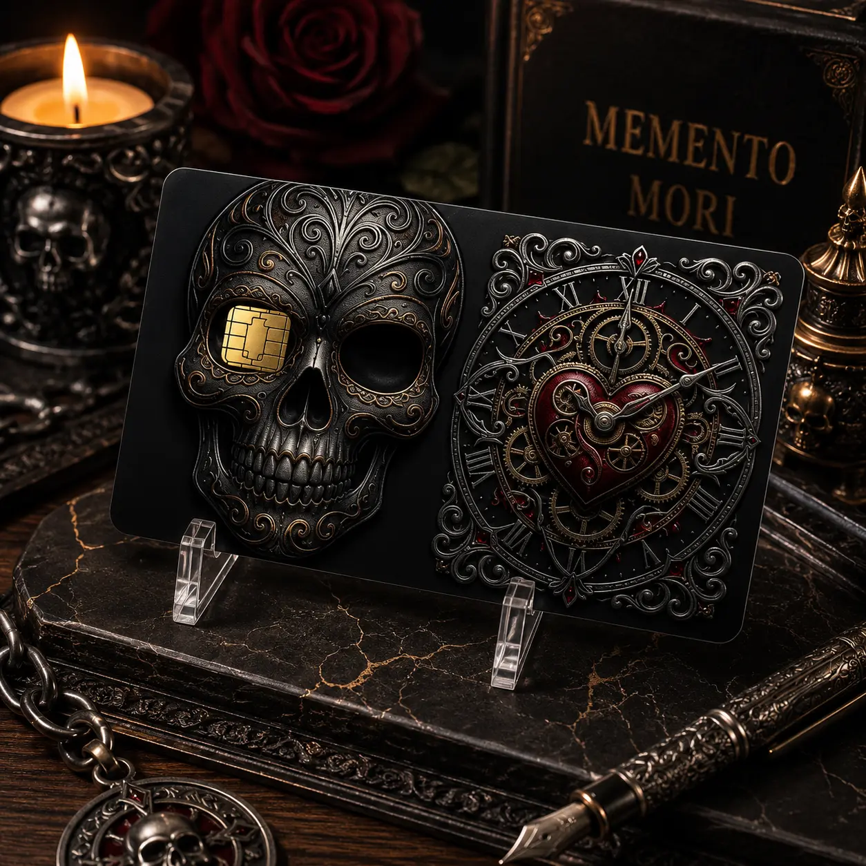 Gothic Skull & Clock Credit Card Skin, Steampunk Heart Clock Bank Card Sticker, Luxury Dark Debit & Credit Card Cover, Gothic Wallet Decal