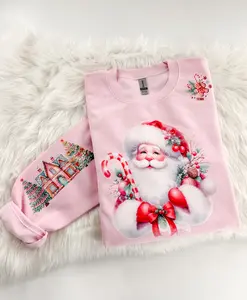 Vintage Santa Gingerbread House Crochet Sweatshirt or Hoodie with sleeve print Comfy Sublimation Tops Menswear Unisex Oversized Pullover
