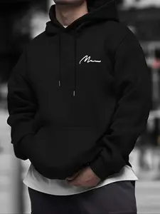 Men's Casual Loose Fit Hooded Sweatshirt with Letter Print, Fleece Lined, Outdoor Wear, Fall & Winter Fashion, Comfortable Pullover, Casual Sports Hoodie