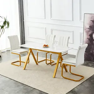 Modern 51.2" Rectangular Glass Dining Table for 4-6, White Faux Marble Kitchen Table with Tempered Glass Top and Sturdy A-Shaped Gold Metal Legs, Minimalist Dinner Table for Small Apartment, Home & Dining Room Furniture（ONLY TABLE）