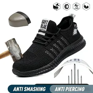2026 New Unisex Closed Lace-Up Steel Toe Work Safety Footwear - Anti-Smash, Anti-Stab, Breathable Mesh, Comfortable, Round Toe, Letter Print, Athletic Casual Industrial Protective Walking Shoes