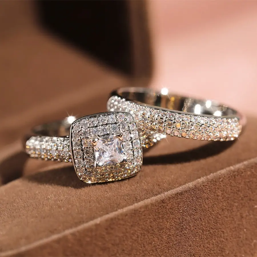European & American Elegant Glittering Micro Pave Princess Cut Diamond Couple Ring Set, Bridal Engagement Wedding Ring for Women, Fashion Luxury Costume Jewelry Accessory, Bridal Engagement Ring