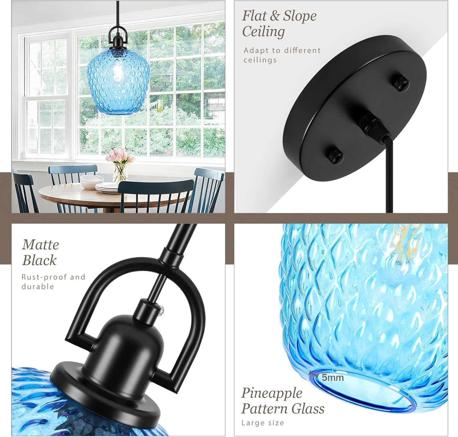 Large Glass Pendant Lights Kitchen Island, 10" 1-Light Black Fixtures with Blue Hammered Glass Modern Hanging Light for Kitchen Island Dining Room Entryway Foyer