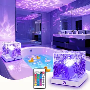 Waterproof Bath Light for Inside Bathroom, Rechargeable Cube Shape Kids Shower Lamp, RGBW 13 Color Changing Bathtub Lamp with Remote Ocean Wave Projector Mood Night Lighting