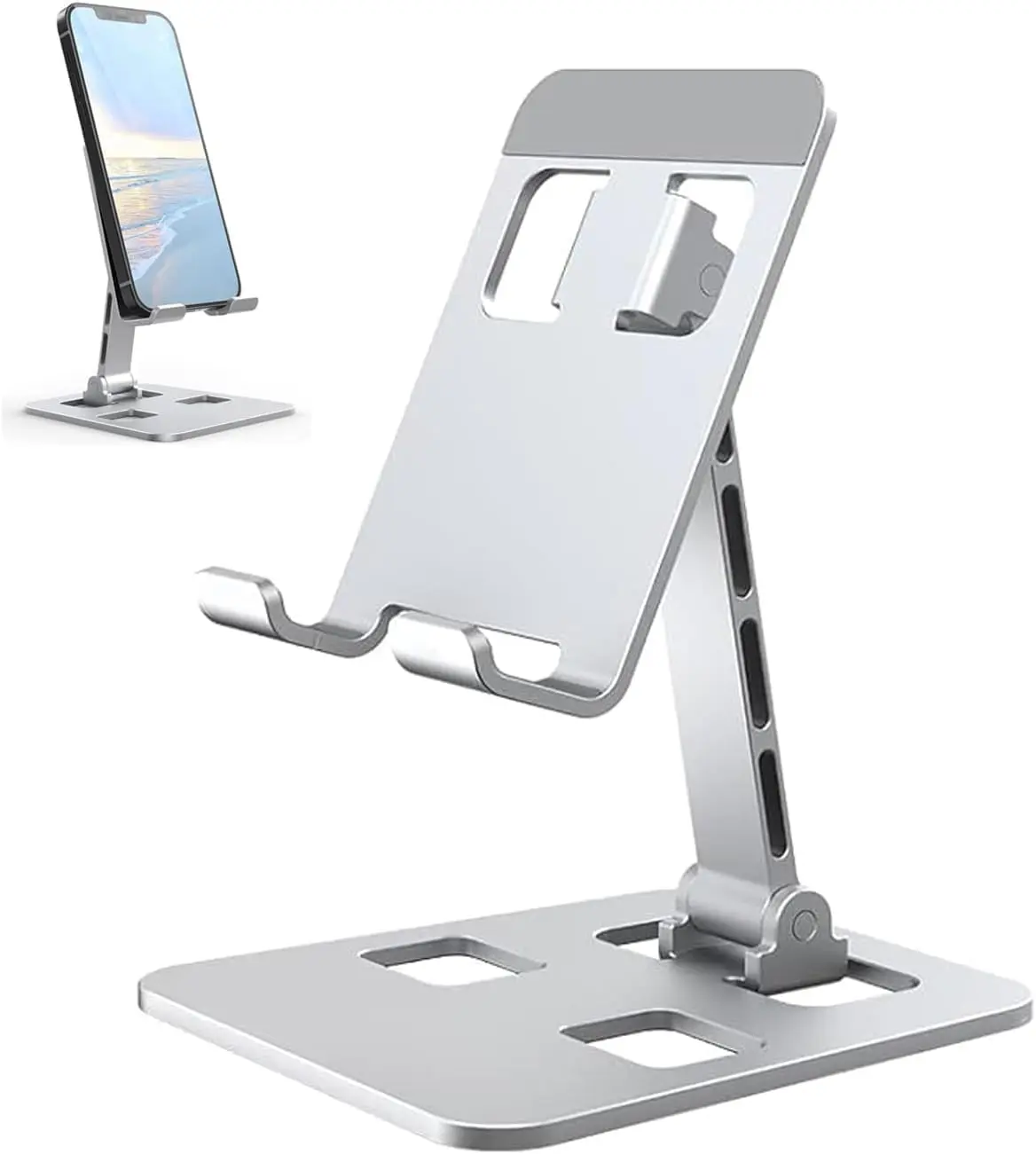 Foldable Cell Phone Stand, Angle Height Adjustable Desktop Holder, Universal, Compatible with iPhone, Samsung, Switch and All Smartphones, Silver