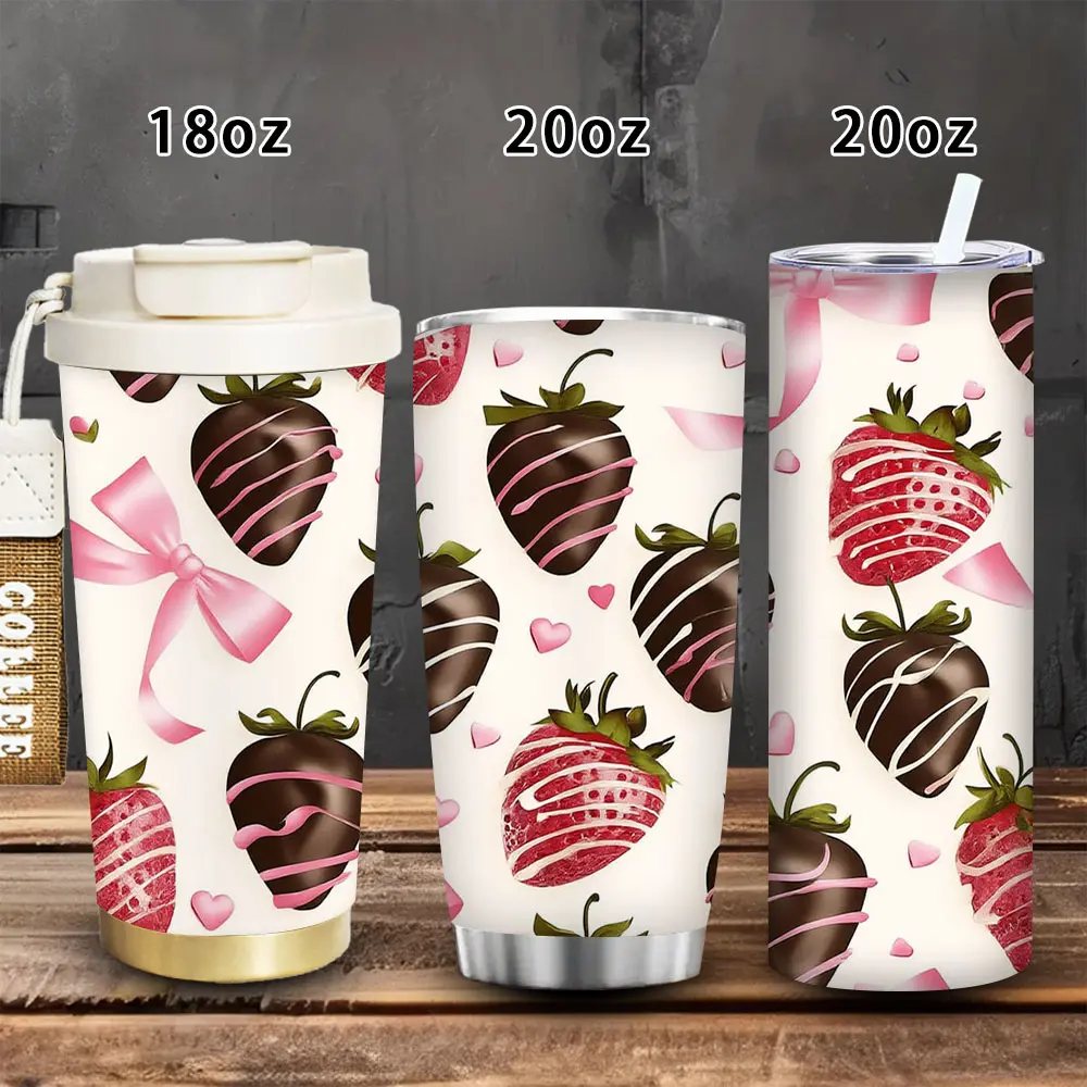 1pc Insulated Chocolate-Dipped Strawberry Travel Flask (18oz/20oz) with Lid & Straw, Winter Kitchenware Drinkware, Ideal Valentine’s Day Gift for Women, No Generic Options, Suitable for Adults’ Iced/Hot Coffee, Birthday Gift Ideas for Easter, Insulated Tr