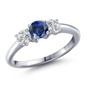 Gem Stone King 925 Sterling Silver Blue Created Sapphire and Lab Grown Diamond Engagement Ring For Women | 1.14 Cttw | Round 5MM | Gemstone September Birthstone
