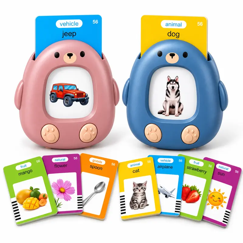 Talking Flash Card Reader for Kids, Electronic Learning Toy with Animal and Vehicle Picture Cards, Blue and Pink