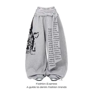 ZHIZOU Women’s Gray Gothic Baggy Y2K Letter-Print Pants, Harajuku 2000s Vintage Oversized Sweatpants, Wide-Leg Trousers, Autumn 2025
