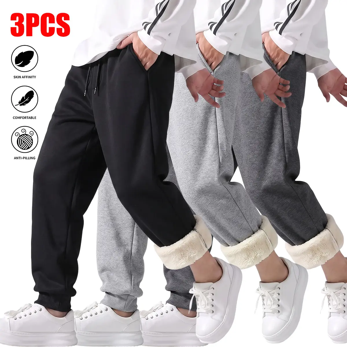 Menswear Solid Sherpa Pants - Men's Straight-Leg, Drawstring Waist, Side Pockets - 100% Polyester Fleece, Soft Warm - Ideal for WFH, Commutes - Relaxed, Stylish, Plain