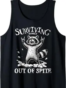 2026 Men's "Living Purely Out of Spite" Raccoon Tank Top Classic Crew Neck Sleeveless Shirt Funny Cartoon Print Lightweight Machine Washable Menswear
