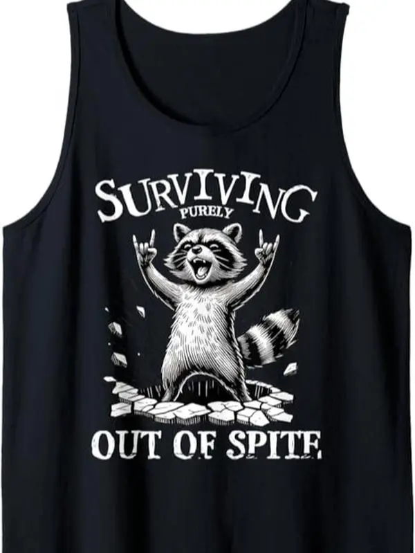 Men's Relaxed Fit Menswear Tank Shirt - Sleeveless Crew Neck, Funny "Living Purely Out of Spite" Raccoon Print Quote, Soft Lightweight Breathable Fabrics, Athletic Singlet for Casual Day Wear, Party, Sizes Up to XL