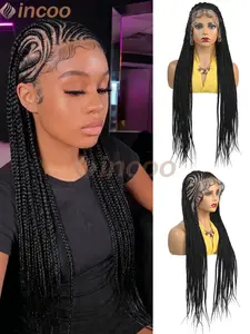 36 Inches Box Braids Wig, Goddess Braids Synthetic Full Lace Wig, Fulani Knotless Braids, Cornrow Braids for Black Women, Lemonade Braids Side Synthetic Braided lace Wig for Daily Party, Handmade Braids Wig,Boho Braids,Side Part Natural Black Braided Wigs