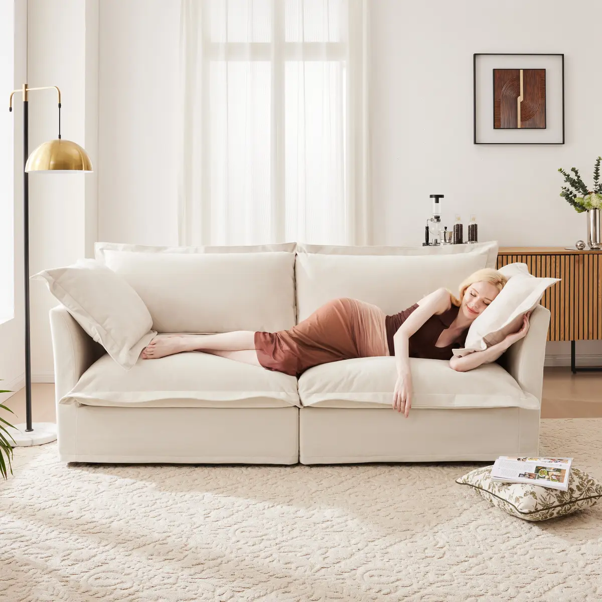 Aobtkel 2-Seater Modern Chenille Sectional Couch - Sturdy Deep Seating, Modular U-Shaped, Foldable Convertible Bed Recliner, Detachable Cover, Cascading Hem, Free Combination for Living Rooms