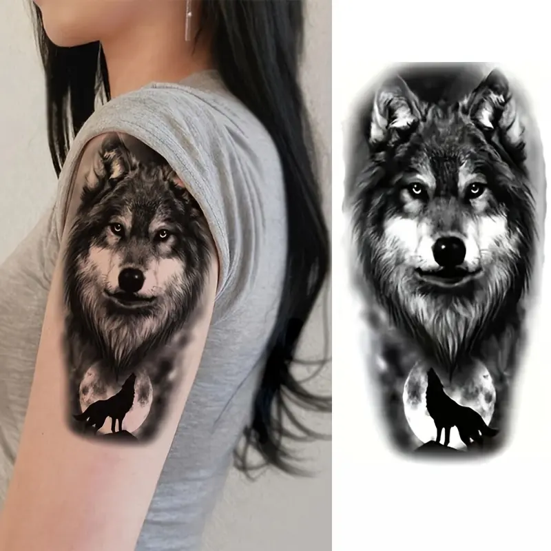 Realistic Wolf and Moon Temporary Tattoos, 6-Pack of Waterproof Black and Grey Body Art Stickers for Men's Arm and Forearm, Realistic Temporary Tattoos, Assorted Temporary Tattoos