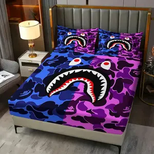 3Pcs Bold Shark Face Graphic Fitted Sheet Set, Split-Color Blue & Purple Camo Design, Eye-Catching Streetwear Style, Perfect for Trendy Bedroom Makeovers and Unique Gifts Includes 2 Pillowcases, No Pillow Core