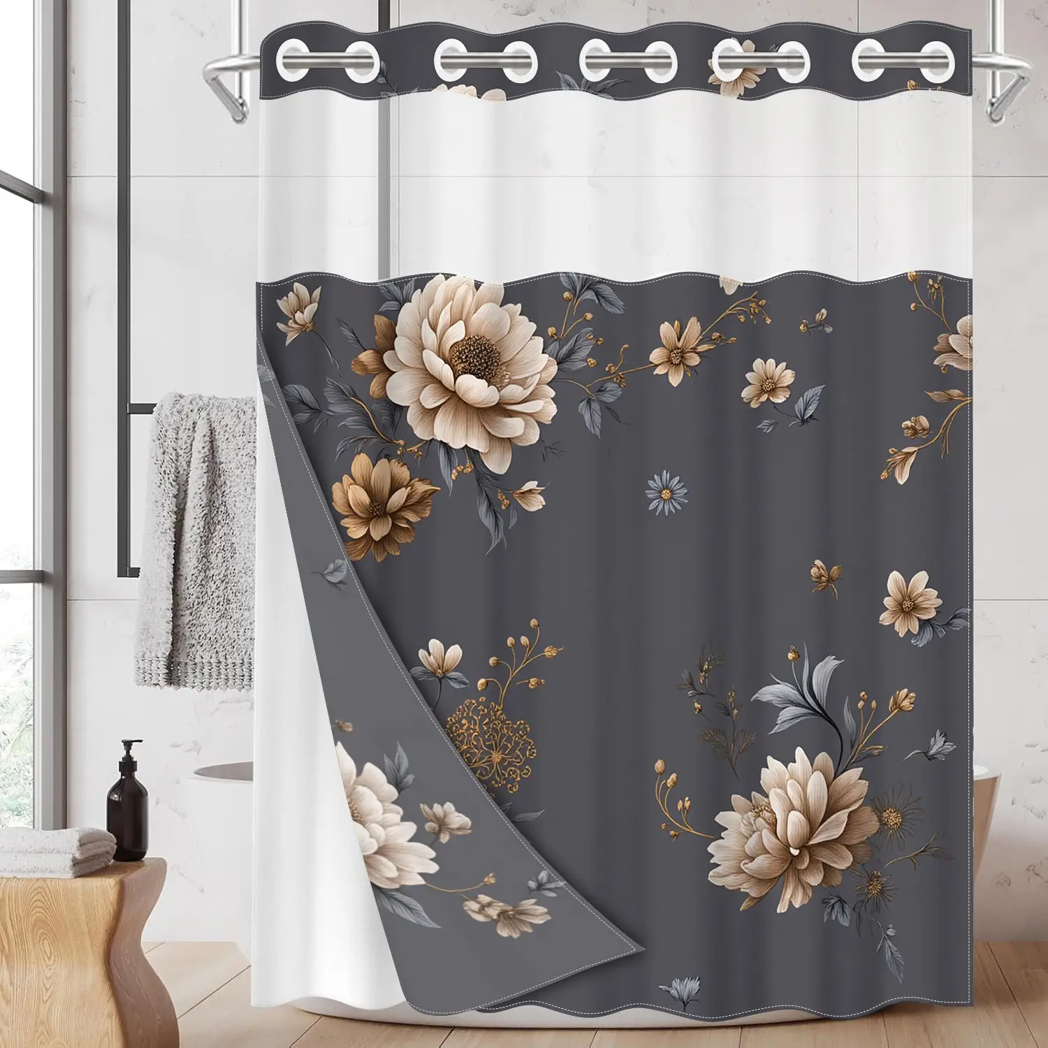 1pc hookless flower shower curtain, Bathroom Curtains Shower, Shower Curtain, with buckle lining, spring gray background with beige floral design, 2D flat printing, waterproof lining, see-through double-layer, 71 x 74 inches