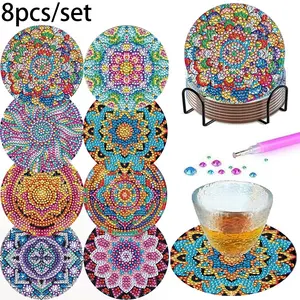 8 Piece DIY Diamond Painting Coasters Set for Drinks, 5D Diamond Puzzle Mandala Floral Design, Non-Slip Desk Protector, Gift Packaging Included
