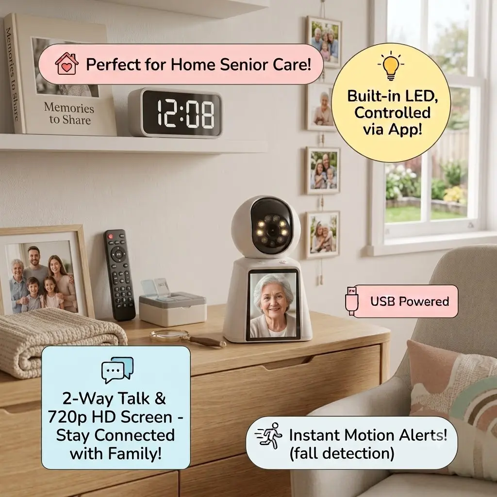 Smart WiFi Indoor Security Cam with Large Colorful Display, Remote App Monitor, Motion Alert, Soft Fill Light, Local Recording for Aged Parents & Toddlers, Shell Design Home Surveillance Gadget