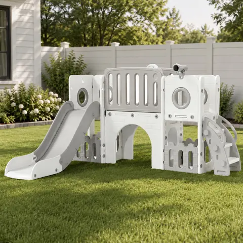 【Black Friday】Arlopu 9 in 1 Large Toddler Slide, Kid Playset w/Long Slope, Baby Climber Set Telescope, Tunnel, Storage Space, Enclosed Steps, Indoor Outdoor Playground,