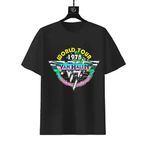 Van Halen "1978 World Tour" Retro Neon Logo T-shirt, 180g Cotton 70s Hard Rock Band Fan Tee, Vintage VH Wing Short Sleeve Shirt