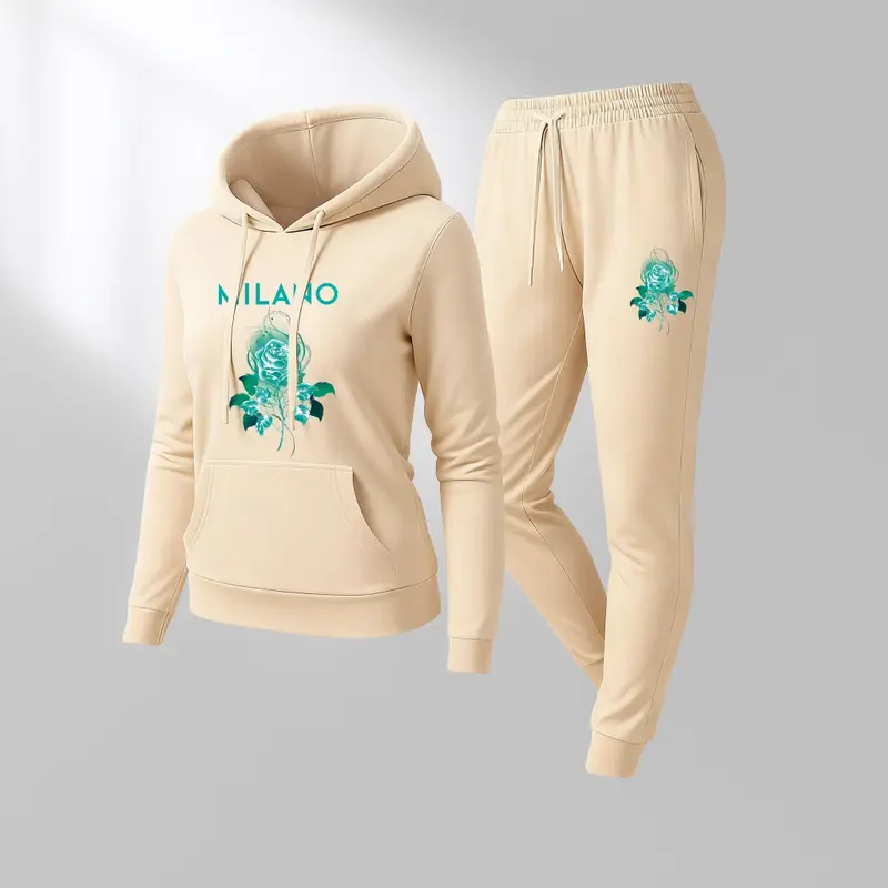 Women's Milano Flower Print Lips Print Hair And Sunglasses Hoodie And Drawstring Track Pants Set, Casual Sportswear, Long-Sleeved Hooded Jacket And Pants, Suitable For Autumn And Winter,  Indoor And Outdoor Sportswear, Casual Sportswear.