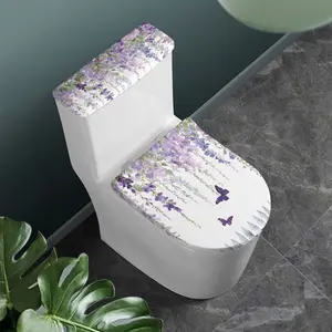 Lavender Print Polyester Toilet Seat Cover Set Fixable Stain Resistance Fashion Floral Style Toilet Seat Cover Set Bathroom Washable Decoration Toilet Cover for Women and Girls