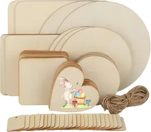 65 Pieces Untreated Wooden Board for Crafts, Round Square Heart-Shaped Wooden Discs Blanks Pyrography Painting Writing Staining Wooden Plate Set for DIY Crafts, Party Decoration