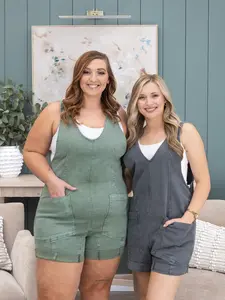 Zenana Washed Sleeveless Romper with Pockets | S-L