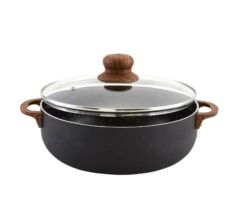 IMUSA 4.4qt Black Stone Aluminum Speckled Nonstick Caldero with Glass Lid & Wood Look Handles, Black