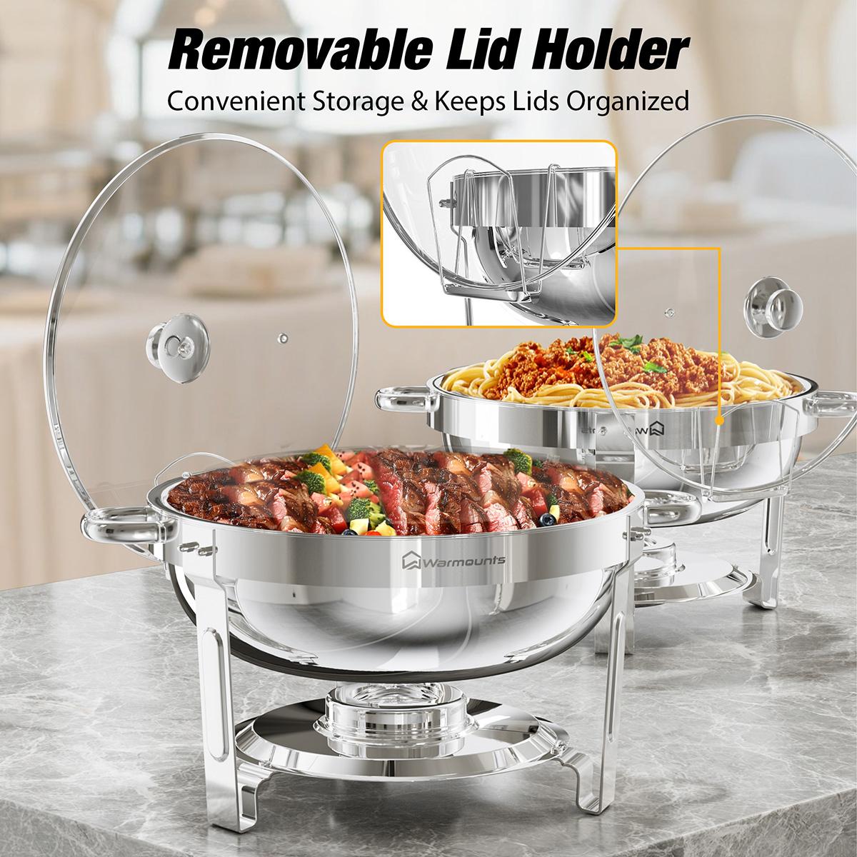 Chafing Dish Buffet Set 2 Pack, 5QT Round Chafing Dishes for Buffet with Glass Lid & Lid Holder, Stainless Steel Chafers and Buffet Warmers Sets for Parties, Events, Wedding, Camping, Dinner