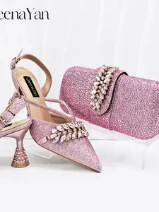 2026 Party New Italian Style High Heels with Bag, Style, Pointed Toe, Metal Decor, Rhinestone Accent, Elegant Olive Color, Women's High Heels